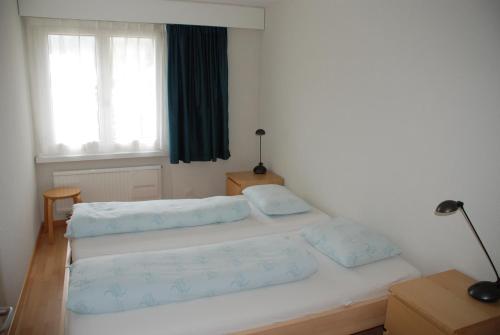 1 dormitorio con 2 camas y ventana en Ferienwohnung Schaap-Müller, en Andermatt