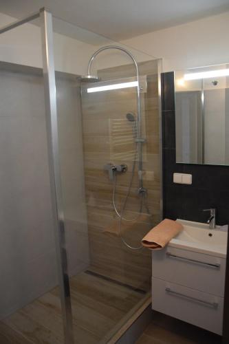 ein Bad mit einer Dusche und einem Waschbecken in der Unterkunft Penzion Anna in Nejdek