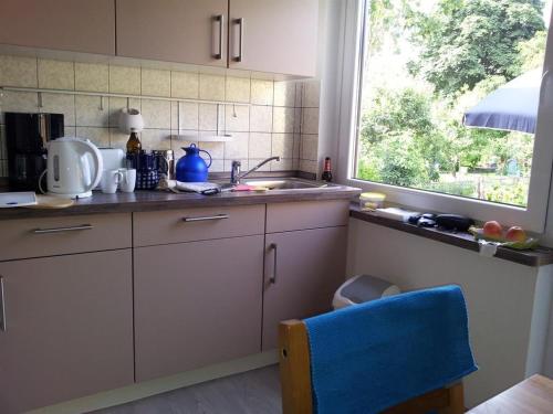 eine Küche mit einem Waschbecken und einem Fenster in der Unterkunft Ferienhaus Alte Straße in Bad Zwischenahn
