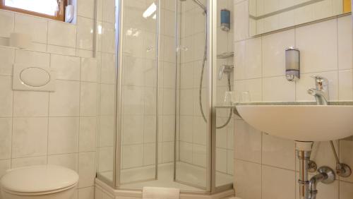 a bathroom with a shower and a sink and a toilet at Hotel zu den Linden in Aschheim