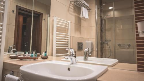 a bathroom with a sink and a shower at Wellness Hotel Gyula in Gyula