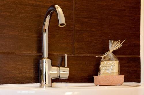 a sink with a faucet and a bottle of soap at Ferienhof Am Holderbusch in Füssen