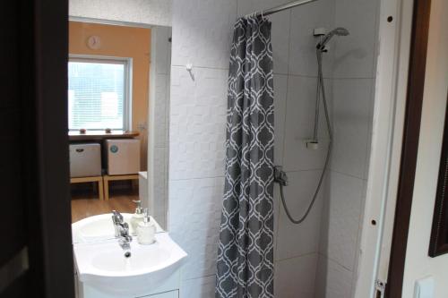 ein Bad mit einem Waschbecken und einer Dusche in der Unterkunft Close to Vilnius business center in Vilnius