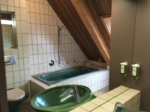 ein Badezimmer mit grüner Badewanne und WC in der Unterkunft Ferienwohnung An der Farchauer Mühle in Schmilau