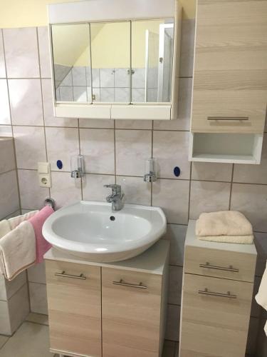 a bathroom with a sink and a mirror at Ferienwohnungen Eichenhof in Schneverdingen
