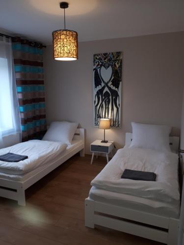 a bedroom with two beds and a chandelier at Apartamenty pod Dzikowcem in Boguszów-Gorce