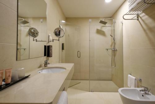 a bathroom with a sink and a glass shower at Hotel Regina in Fátima