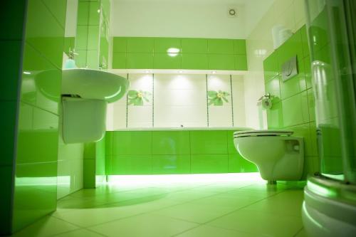a green bathroom with a toilet and a sink at Gościniec Nad Gopłem in Grodztwo