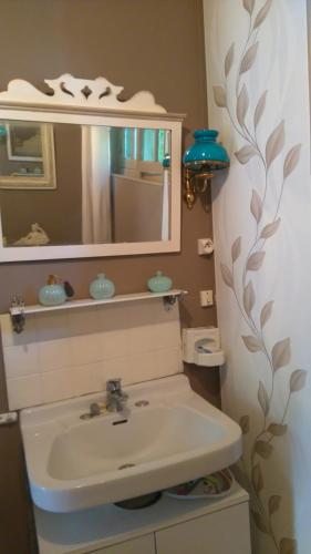 uma casa de banho com um lavatório e um espelho em Le vol du Papillon em Treigny