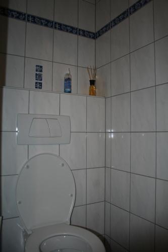a bathroom with a toilet in a white tiled room at Apart Romantica in Pfunds