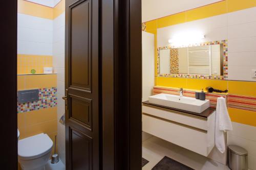 a bathroom with a sink and a toilet and a mirror at Modern family apt. with Central Square entrance in Hradec Králové