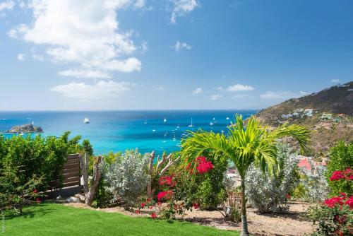 a garden with a view of the ocean at Villa King Gustaf in Gustavia