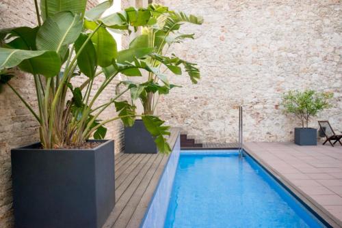 una piscina con plantas y una pared de ladrillo en Onix Liceo, en Barcelona