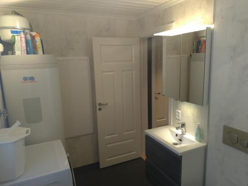 a bathroom with a sink and a toilet and a mirror at Sogndal ski- and mountain cabin in Sogndal