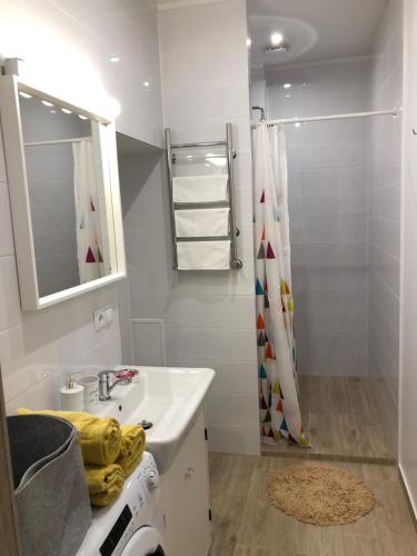 a bathroom with a sink and a shower at Pernavas Park & Bed Apartment Riga in Rīga