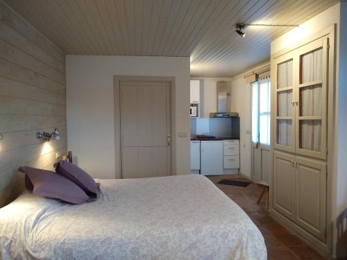 a bedroom with a white bed with purple pillows at Hostal D'Éller in Éller