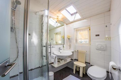 ein Bad mit einem Waschbecken, einem WC und einer Dusche in der Unterkunft Hotel Mehrhauser in Nals
