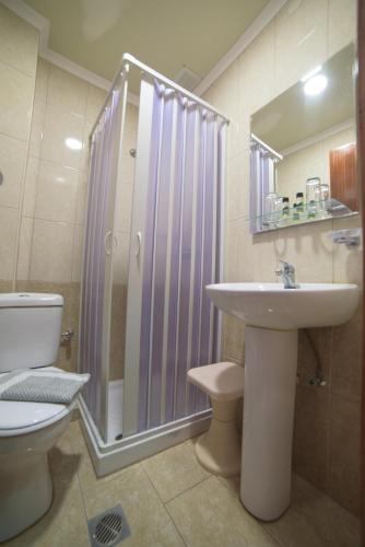 a bathroom with a toilet and a sink and a shower at Alkyon Beach Hotel in Agios Georgios Pagon