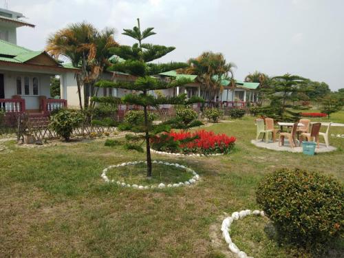 a garden with a pine tree in the middle of a yard at Gorumara Nature's Cottage (A Unit Of M/S Ecological & Tours) in Jalpāiguri