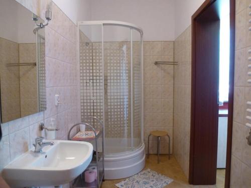 W łazience znajduje się umywalka, prysznic i toaleta. w obiekcie Pokoje Pod Lasem w mieście Stepnica