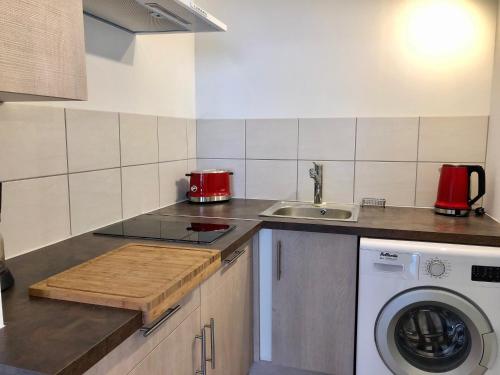 une cuisine avec un évier et une machine à laver dans l'établissement T1 Bis tres proche centre et canal, à Narbonne