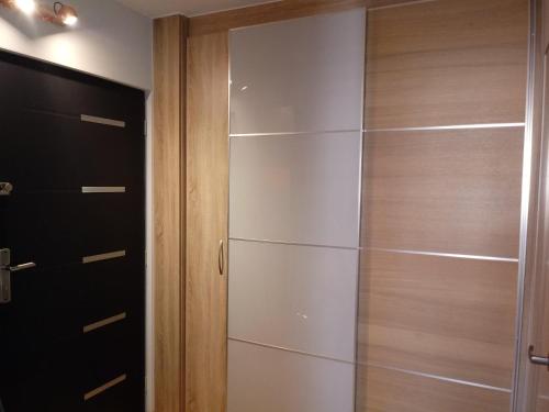 a walk in closet with a glass door at Bruxapart in Lublin