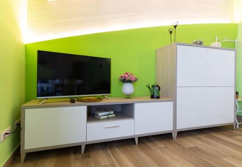 a white entertainment center with a tv and a green wall at Il Sopracciglio Suites - Green Suite in Cassino