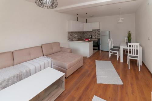 a living room with a couch and a kitchen at Dunja Boka Bay in Herceg-Novi