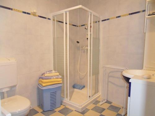 a white bathroom with a shower and a toilet at Chambres d'hôtes La Luce in Démuin