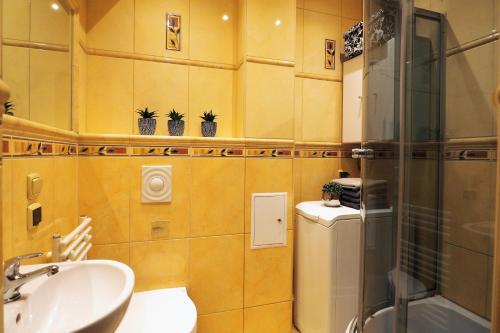 a bathroom with a sink and a toilet and a shower at KGHN Apartments Tkacka 28 in Szczecin