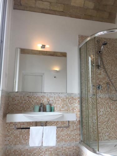 ein Bad mit einem Waschbecken und einer Dusche mit einem Spiegel in der Unterkunft La finestra sul Colosseo B&B 1 in Rom