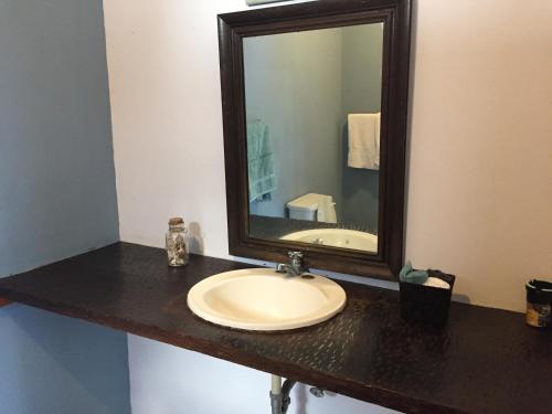 a bathroom with a sink and a large mirror at Casa 10 Guest house in Guatemala