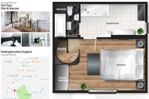 a collage of three photos of a room with a floor plan at 8 Park Terrace in Southwell