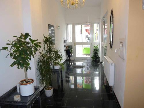 a hallway with potted plants in a building at Hotel Famosa in Düsseldorf