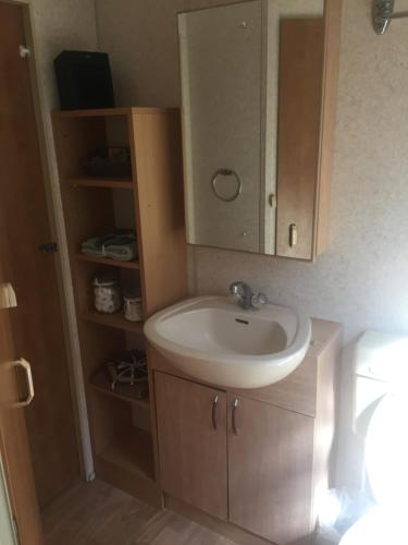 La salle de bains est pourvue d'un lavabo et d'une armoire avec un miroir. dans l'établissement Mobil Home à la ferme, en Provence, à Grambois