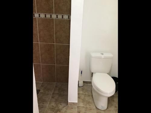 a bathroom with a white toilet and a shower at Cuestas Beach Resort and Restaurant in Badian