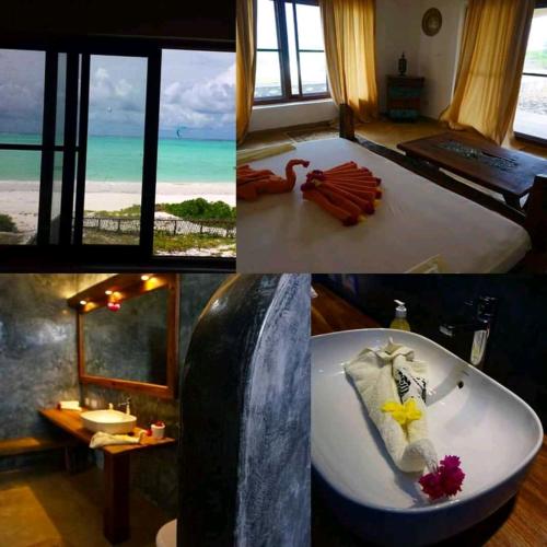 a collage of four pictures of a room with a bathtub at White Sands in Paje