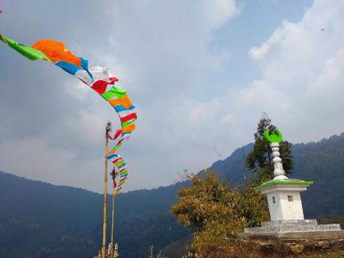 two kites flying in the sky next to a monument at VAMOOSE PARKHA SIKKIM in Rangli