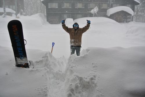 a person standing in the snow with a snowboard at White Tree Lodge Madarao Tangram in Shinano