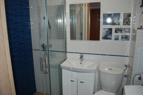 La salle de bains est pourvue d'une douche, de toilettes et d'un lavabo. dans l'établissement Apartament Morski, à Hel