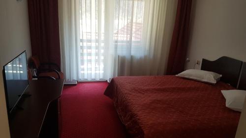 a bedroom with a bed and a tv and a window at Cristal Sinaia in Sinaia