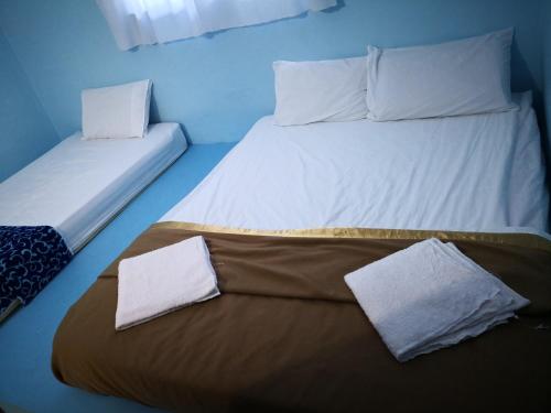 a blue room with two beds with white pillows at Pangkor Fish House in Pangkor