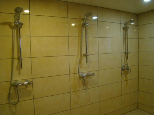 a bathroom with a shower with two faucets at Isakaru Puhkemaja in Otepää