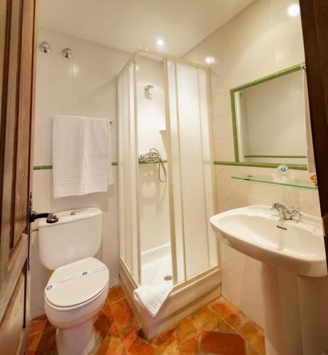 a bathroom with a toilet and a shower and a sink at Hospederia Sagasta in Torrecilla en Cameros