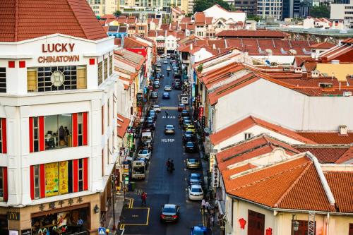 an overhead view of a city street with cars at Rest Chinatown Hotel in Singapore