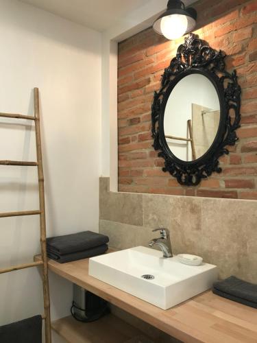 La salle de bains est pourvue d'un lavabo blanc et d'un miroir. dans l'établissement La bulle de Gaston, à Toulouse