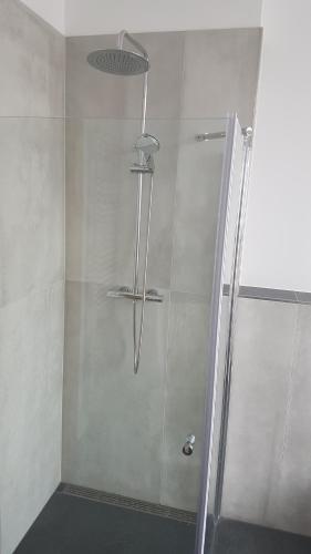 a shower with a glass door in a bathroom at Schillers Hotel & Café - GARNI - in Lüdenscheid