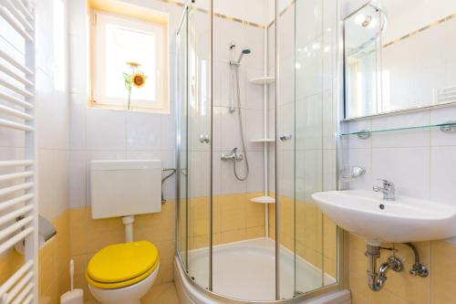 a bathroom with a shower and a toilet and a sink at Neda in Punat
