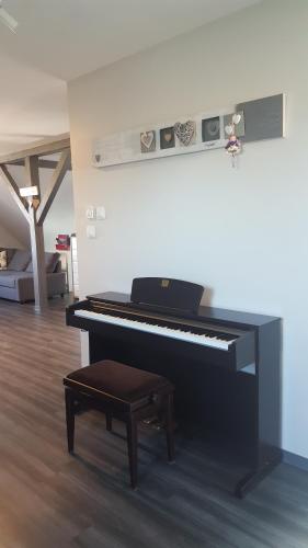 a black piano with a stool in a room at Fleur de Vigne in Eguisheim