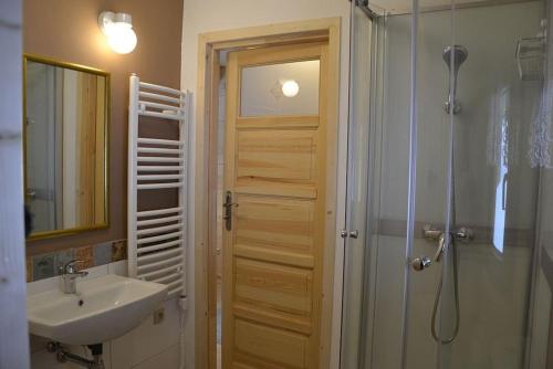 a bathroom with a shower and a sink and a door at Mountain chalet SmoLenisko domek w górach in Nowy Targ